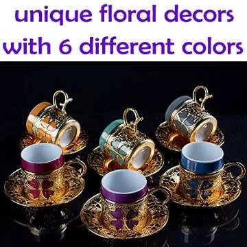 Turkish Greek Arabic Coffee Espresso Cups Set of 6 Saucers Porcelain Ceramic Mini Mug Vintage for Maker Pot Cezve Chinese Demitasse Decorative Floral Blooming Party Kitchen Women Gift English