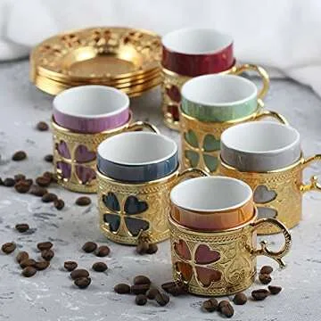 Turkish Greek Arabic Coffee Espresso Cups Set of 6 Saucers Porcelain Ceramic Mini Mug Vintage for Maker Pot Cezve Chinese Demitasse Decorative Floral Blooming Party Kitchen Women Gift English