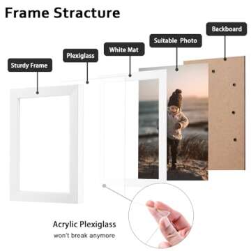 KINLINK 8x10 Picture Frame White, Photo Frame with Plexiglass for Picture 5x7 with Mat or 8x10 without Mat, Composite Wood Picture Frame for Table Top and Wall Mounting