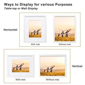 KINLINK 8x10 Picture Frame White, Photo Frame with Plexiglass for Picture 5x7 with Mat or 8x10 without Mat, Composite Wood Picture Frame for Table Top and Wall Mounting