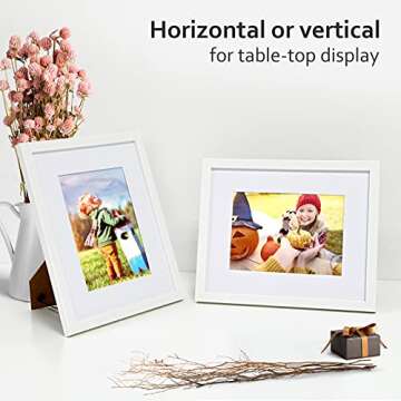 KINLINK 8x10 Picture Frame White, Photo Frame with Plexiglass for Picture 5x7 with Mat or 8x10 without Mat, Composite Wood Picture Frame for Table Top and Wall Mounting