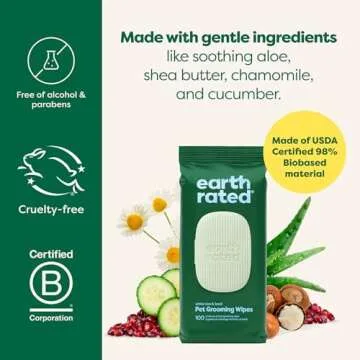Earth Rated Pet Wipes for Gentle Grooming, 100 Count