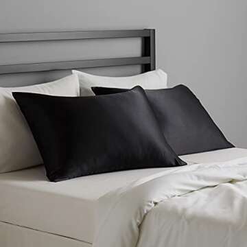 Amazon Basics 100% Polyester Satin Pillowcases for Hair and Skin, Envelope Closure - Black, Standard, Pack of 2