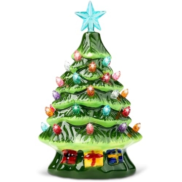 Joiedomi 7" Ceramic Christmas Tree with Gift Box, Mini Prelit Tabletop Christmas Tree with Multicolo...
