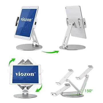 Viozon Tablet Stand and Holders with Adjustable Range and Height Aluminum Stand Compatible with iPad/iPad pro/ipad Mini/Cellphone/Kindle Desk Holder fits 3.5-13inches, 360° Swivel Adjustable Base