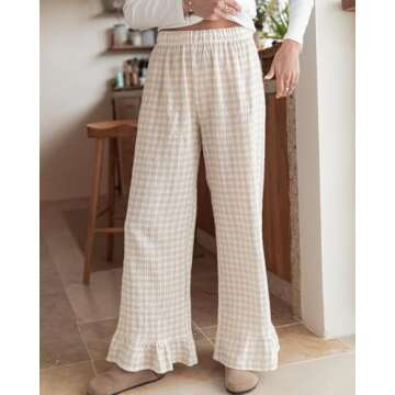 codcm Womens Gingham Pants Wide Leg Lounge Pants Y2k Plaid Print Ruffle Hem Loose Trouser(Khaki1,Sma...