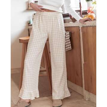 codcm Womens Gingham Pants Wide Leg Lounge Pants Y2k Plaid Print Ruffle Hem Loose Trouser(Khaki1,Small)