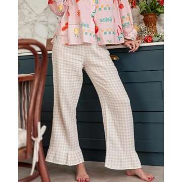 codcm Womens Gingham Pants Wide Leg Lounge Pants Y2k Plaid Print Ruffle Hem Loose Trouser(Khaki1,Small)