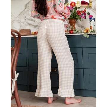 codcm Womens Gingham Pants Wide Leg Lounge Pants Y2k Plaid Print Ruffle Hem Loose Trouser(Khaki1,Small)