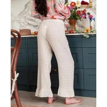 codcm Womens Gingham Pants Wide Leg Lounge Pants Y2k Plaid Print Ruffle Hem Loose Trouser(Khaki1,Small)