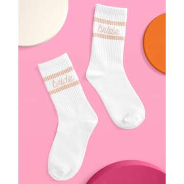 xo, Fetti Bride Socks, White + Tan | Bride To Be Gift, Bachelorette Party Favor, Bach Party Decorations, Wedding Day Sandals, Bridesmaid Gift, Bridal Shower Party Favor