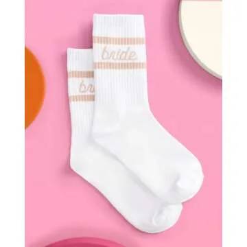 xo, Fetti Bride Socks, White + Tan | Bride To Be Gift, Bachelorette Party Favor, Bach Party Decorations, Wedding Day Sandals, Bridesmaid Gift, Bridal Shower Party Favor