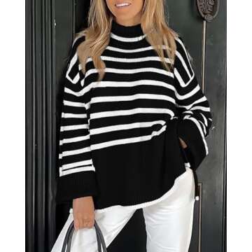 BTFBM Women's Winter Sweaters Casual Turtleneck Long Sleeve Striped Side Slit Loose Pullover Sweater...