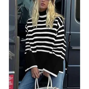 BTFBM Women's Striped Turtleneck Sweater for Winter Style