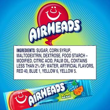 Airheads Sour Full-Size Candy Bars, Taffy Candy, Sour Blue Blast, Individually Wrapped Candy, 36 Cou...