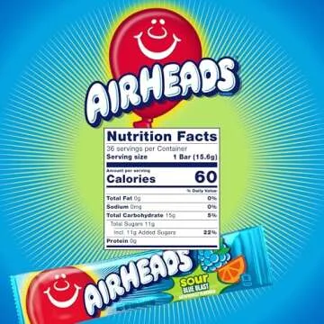 Airheads Sour Full-Size Candy Bars, Taffy Candy, Sour Blue Blast, Individually Wrapped Candy, 36 Count