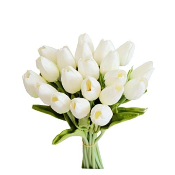 Mandy's 20pcs White Flowers Artificial Tulip Silk Fake Flowers 13.5" for New Year Spring Mother's Da...