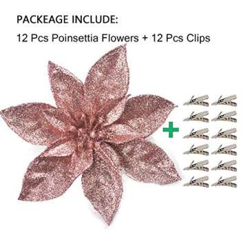 GL-Turelfies 12 Pcs Glitter Christmas Flowers(16cm/6.3’’) with 12 Pcs Clips Artificial Poinsetti...