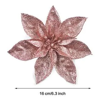GL-Turelfies 12 Pcs Glitter Christmas Flowers(16cm/6.3’’) with 12 Pcs Clips Artificial Poinsettia Flower Christmas Tree Flower Decorations Xmas Tree Ornaments (Rose Gold)