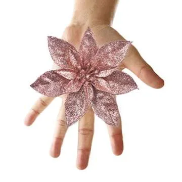 GL-Turelfies 12 Pcs Glitter Christmas Flowers(16cm/6.3’’) with 12 Pcs Clips Artificial Poinsettia Flower Christmas Tree Flower Decorations Xmas Tree Ornaments (Rose Gold)