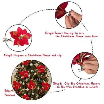 GL-Turelfies 12 Pcs Glitter Christmas Flowers(16cm/6.3’’) with 12 Pcs Clips Artificial Poinsettia Flower Christmas Tree Flower Decorations Xmas Tree Ornaments (Rose Gold)
