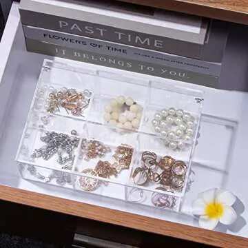 Yeeco Clear Acrylic Capsule Holder with Lid 6 Section Plastic Drawer Box Organizer 7.6”×5.1”×2.6” 6 Compartments Desk Cube Containers for Jewelry，Candy，Coffee，Make Up Accessories