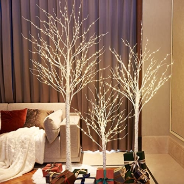 Lightshare Lighted Birch Twig Tree with Fairy Lights 4FT, 6FT and 8FT, Pack of 3 Warm White for Indo...