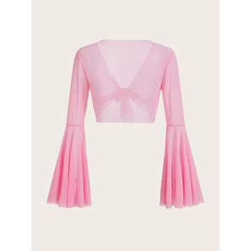 Verdusa Women's Tie Front Bell Long Sleeve Blouse in Pink