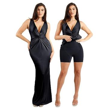 Popilush Shapewear Dress Ruched Bodycon - Deep V Neck Maxi Formal Dresses Built in Shapewear Sleevel...