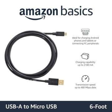 Amazon Basics USB-A to Micro USB Charging Cable, 480Mbps Transfer Speed with Gold-Plated Plugs, USB 2.0, 6 Foot, Black