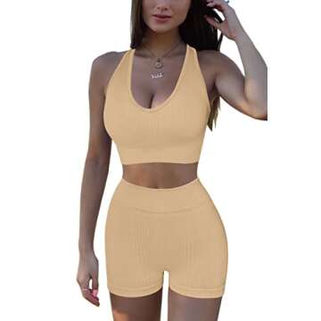 QINSEN High Waisted Booty Shorts for Women V Neck Ribbed Crop Tank Tops Seamless 2 Piece Outfits Beige S