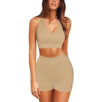 QINSEN High Waisted Booty Shorts for Women V Neck Ribbed Crop Tank Tops Seamless 2 Piece Outfits Beige S