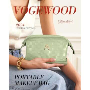 Vogewood Friend Gifts, Initial Large Makeup Bag, Double Layer Cosmetic Bag with Makeup Brush Organizer, Waterproof, Large Capacity PU Leather Travel Toiletry Bag, Christmas Gifts for Teen Girls