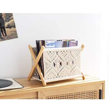 Mkono Macrame Magazine Rack Boho Storage Holder Standing Basket for Books, Newspapers, Swaddle Blank...