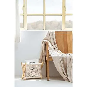 Mkono Macrame Magazine Rack Boho Storage Holder Standing Basket for Books, Newspapers, Swaddle Blanket, Dorm Essentials, Living Room, Bathroom, Office, Nursery, Home Decor, Medium Size, 14”L x 10”W