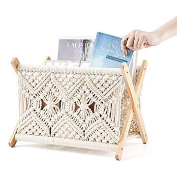 Mkono Macrame Magazine Rack Boho Storage Holder Standing Basket for Books, Newspapers, Swaddle Blanket, Dorm Essentials, Living Room, Bathroom, Office, Nursery, Home Decor, Medium Size, 14”L x 10”W