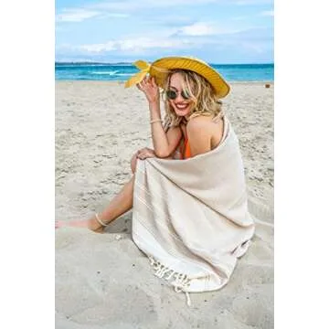 DEMMEX Oversized Turkish Bath and Beach Towel - 100% Organic Cotton, Lightweight Quick-Dry Peshtemal, Prewashed, Diamond Weave, Oeko-TEX Certified, 71x36 - Luxury Beach, Spa, Bathroom Use, Beige