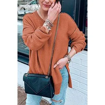 MEROKEETY Women's 2024 Fall Casual Crew Neck Side Split Pullover Sweater Loose Long Sleeve Jumper Top, Orange, M