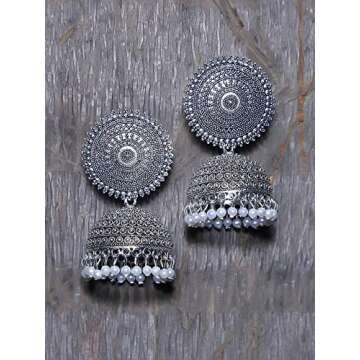 Crunchy Fashion Oxidized Indian Jewelry Stylish Jhumki Jhumka Earrings for Women (Oxidised Silver)