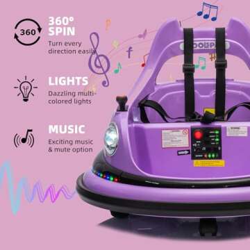 OKYBABY 12V Bumper Car for Kids, Bumper Car for Toddlers W/Remote Control, Electric Ride On Car with LED Lights & 360 Degree Spin, Bluetooth, Anti-Collision Padding 5-Point Safety Belt, Purple