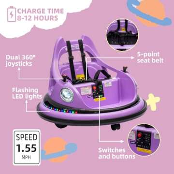 OKYBABY 12V Bumper Car for Kids, Bumper Car for Toddlers W/Remote Control, Electric Ride On Car with LED Lights & 360 Degree Spin, Bluetooth, Anti-Collision Padding 5-Point Safety Belt, Purple