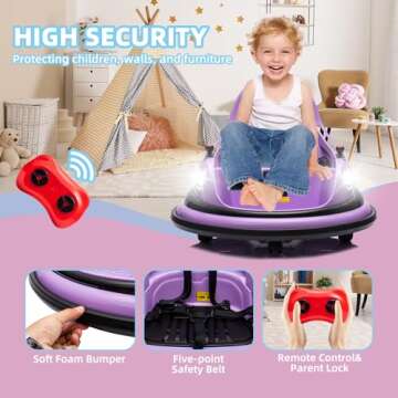 OKYBABY 12V Bumper Car for Kids, Bumper Car for Toddlers W/Remote Control, Electric Ride On Car with LED Lights & 360 Degree Spin, Bluetooth, Anti-Collision Padding 5-Point Safety Belt, Purple