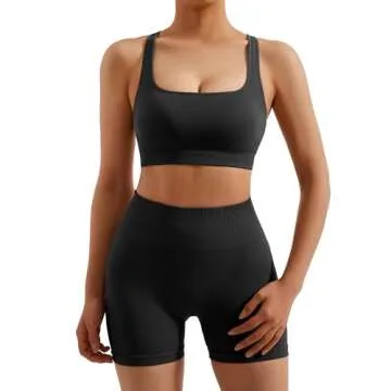 RXRXCOCO Seamless Workout Sets for Women 2 Piece Strappy Sports Bras Scrunch Butt Booty Shorts Match...