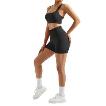 RXRXCOCO Seamless Workout Sets for Women 2 Piece Strappy Sports Bras Scrunch Butt Booty Shorts Matching Yoga Outfits Black Large