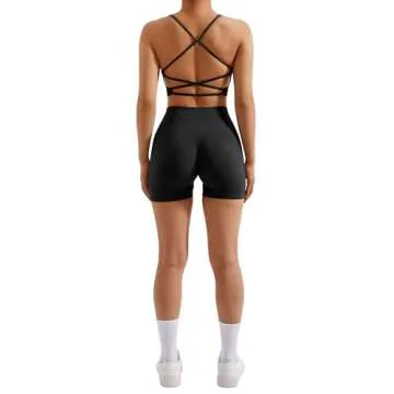 RXRXCOCO Seamless Workout Sets for Women 2 Piece Strappy Sports Bras Scrunch Butt Booty Shorts Matching Yoga Outfits Black Large