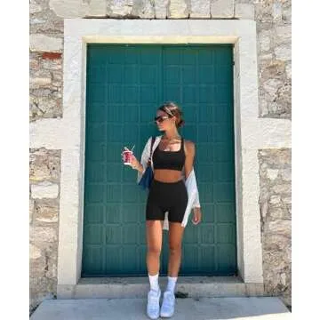 RXRXCOCO Seamless Workout Sets for Women 2 Piece Strappy Sports Bras Scrunch Butt Booty Shorts Matching Yoga Outfits Black Large