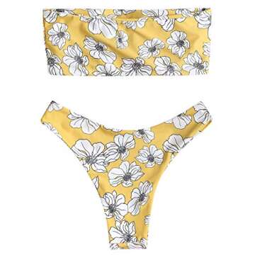 StarVnc Women's Floral Bandeau Bikini Swimsuits High Waist Strapless Two Pieces Bathing Suit Beacwear (S, Yellow)