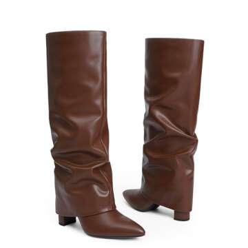 Modatope Brown Slouchy Knee High Boots with Zipper and Chunky Heel Size 8