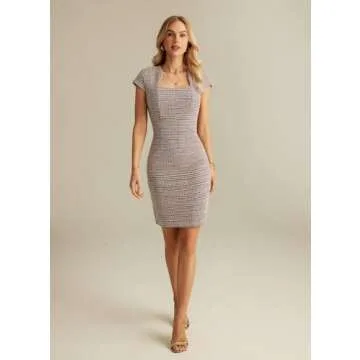 Elegant Vintage Cap Sleeve Tweed Bodycon Dress for Women
