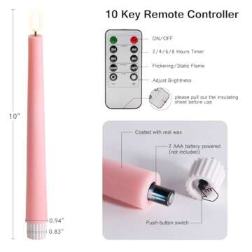 Eywamage Pink Flickering Flameless Taper Candles with Remote, Battery Operated LED Wax Candlesticks ...
